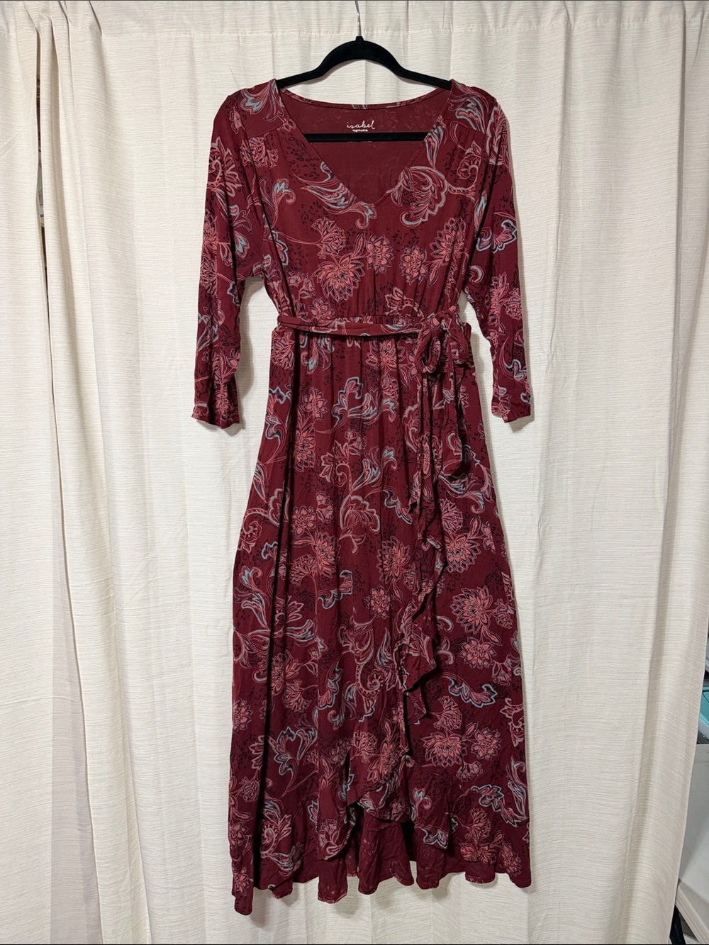 Women's Burgundy Floral Wrap Maxi Dress